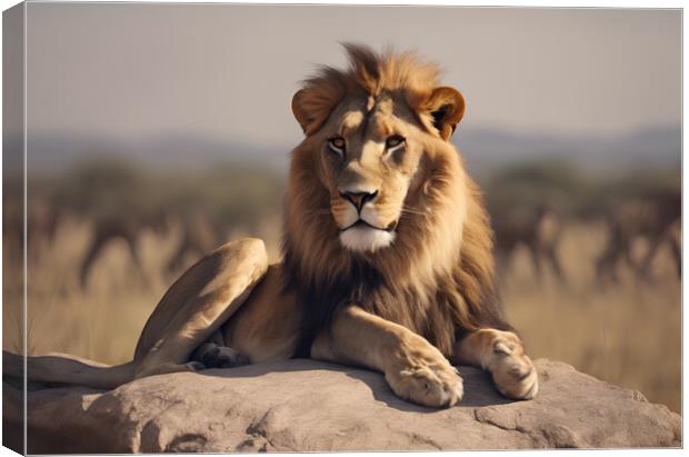 A lion sitting in a field Canvas Print by Picture Wizard