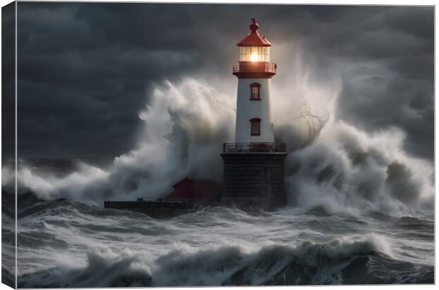 Stormy Seas at the Lighthouse Canvas Print by Picture Wizard