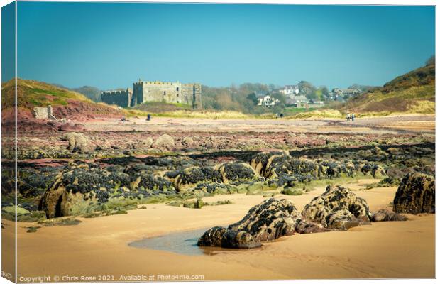 Manorbier beach and castle Canvas Print by Chris Rose