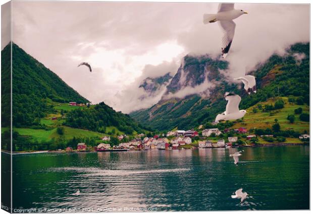 Seagulls Flying over a Norway Fjord Canvas Print by Tamara Al Bahri
