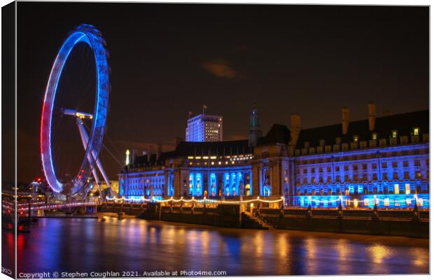 London Eye & County Hall at night Canvas Print by Stephen Coughlan