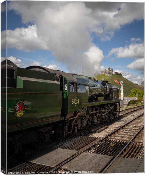 Steam Train at Corfe Castle Canvas Print by Stephen Coughlan