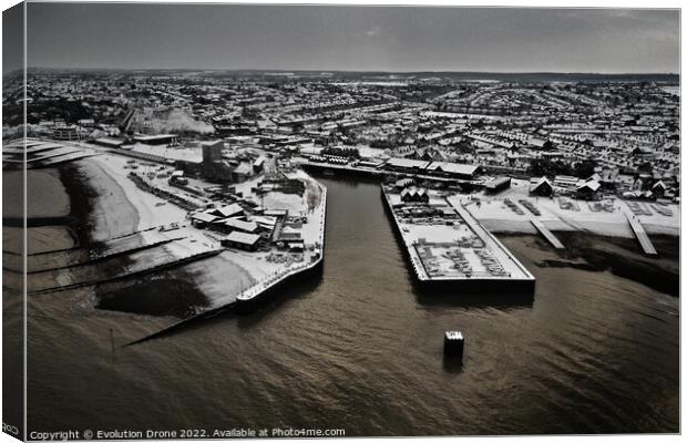Whitstable Harbour Snow Canvas Print by Evolution Drone