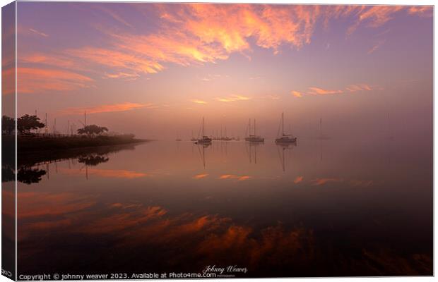Misty Boat Sunrise reflections River Crouch Essex Canvas Print by johnny weaver