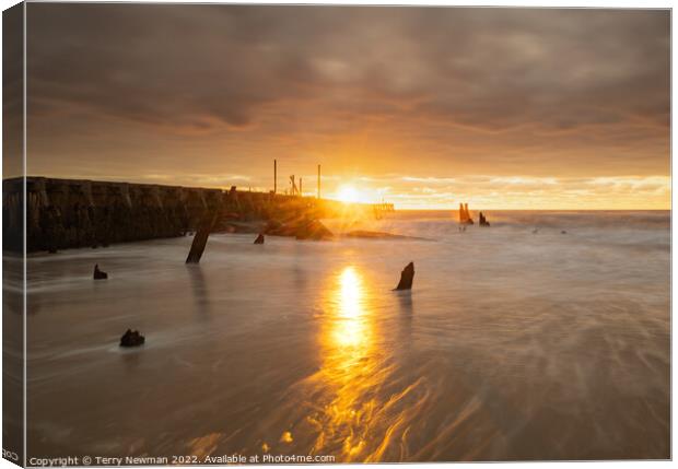 A Golden Sunrise at Walberswick Pier Canvas Print by Terry Newman