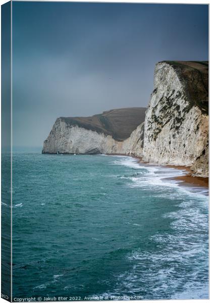 Durdle door beach,sea  in misty day and strong wind  Canvas Print by Jakub Eter