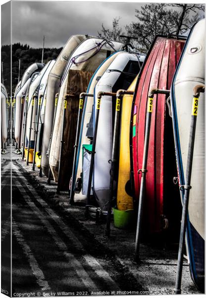 Canoe Line Up Canvas Print by Becky Williams