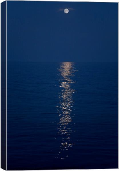 Full moon and moonlight on an indigo sea Canvas Print by Gordon Dixon