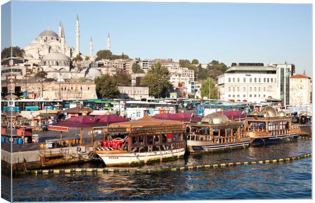 Suleymaniye Mosque and restaurant boats - Eminonu waterfront, Istanbul Canvas Print by Gordon Dixon