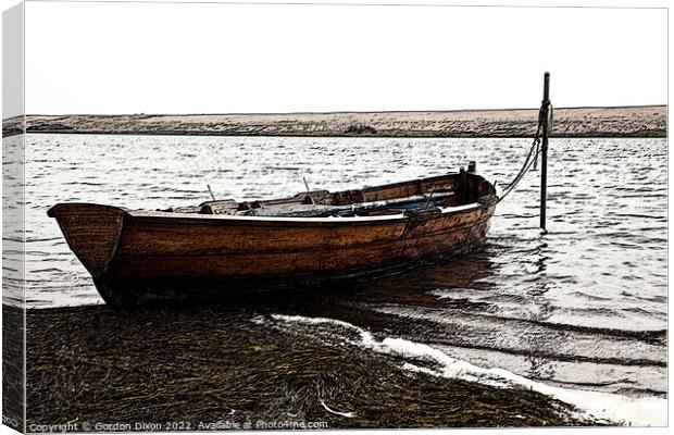 Rowing boat moored in Fleet lagoon, Chesil Bank, Dorset - Sumi e render Canvas Print by Gordon Dixon