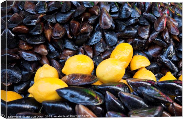 Fresh mussels and lemons for sale - Kocaeli, Turkey Canvas Print by Gordon Dixon