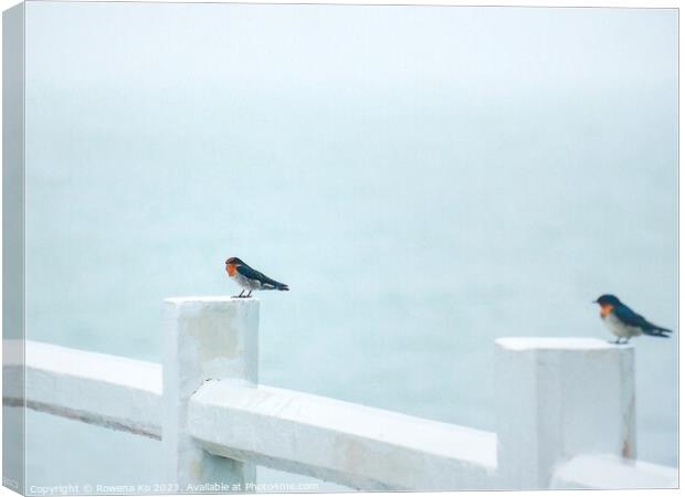 Two Pacific Swallows perched on a Pier fence Canvas Print by Rowena Ko