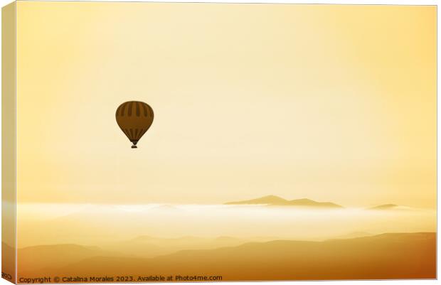 Hot air balloon over mountains in dawn mist Canvas Print by Catalina Morales