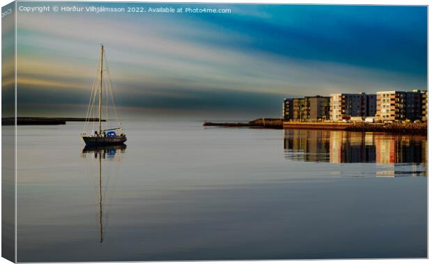 Sailboat im calm sea at Harbor Hafnarfjordur Icela Canvas Print by Hörður Vilhjálmsson