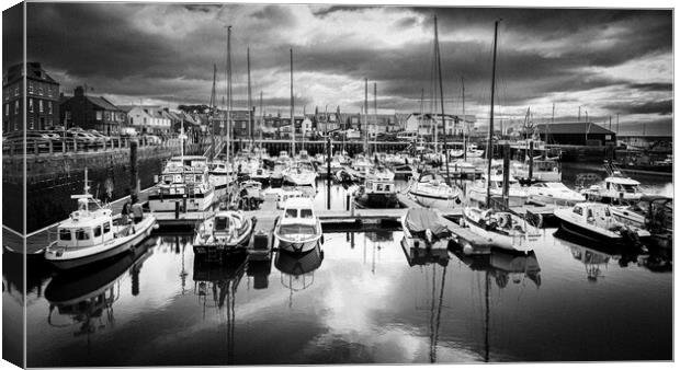 Yachts reflected in Arbroath Harbour Mono Canvas Print by DAVID FRANCIS