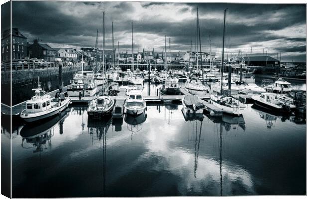 Yachts reflected in Arbroath Harbour Mono Canvas Print by DAVID FRANCIS