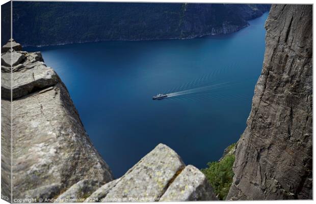 View From Preikestolen to the Ferry in the Lysefjord Canvas Print by Andreas Himmler