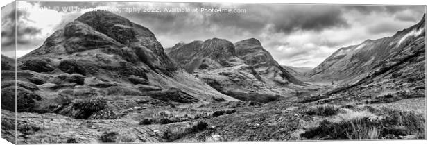 A Panorama of Glencoe and the "Three Sisters" mono Canvas Print by Will Ireland Photography