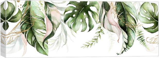 Green and blush tropical leaves on white background. Watercolor hand painted seamless border. Floral tropic illustration. Jungle foliage pattern. Canvas Print by ANASS SODKI