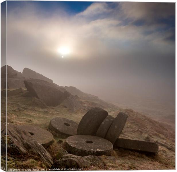 Misty morning sunrise on Stanage Edge Peak District Derbyshire UK Canvas Print by Craig Yates