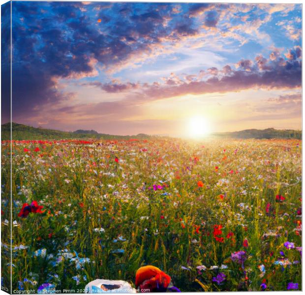 AI Sunrise over flower meadow Canvas Print by Stephen Pimm