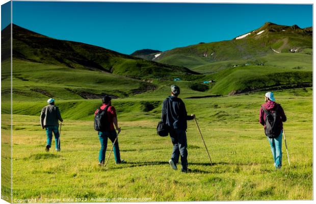 hikers with backpacks and trekking poles walking in Artvin highl Canvas Print by Turgay Koca