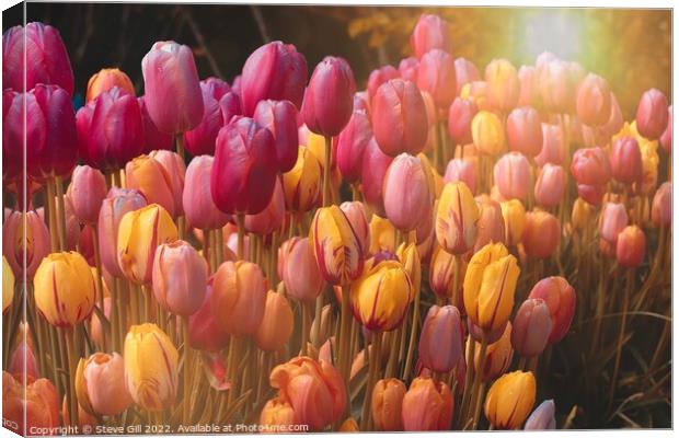 Sun Flare Illuminates a Variety of Colourful Tulips.. Canvas Print by Steve Gill