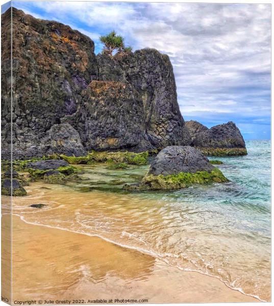 Fingal Head Beach Coloured Rocks Canvas Print by Julie Gresty