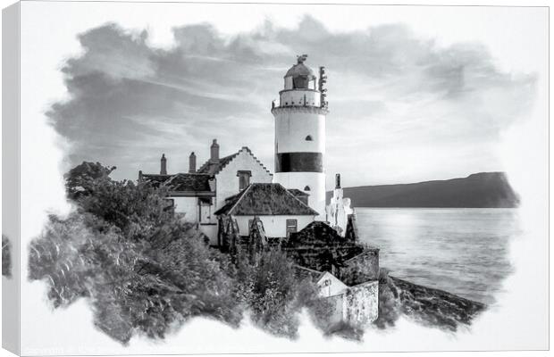 Monochrome Cloch Lighthouse Watercolour Canvas Print by RJW Images