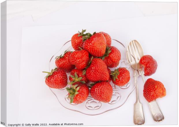 Dish of Fresh Strawberries Canvas Print by Sally Wallis