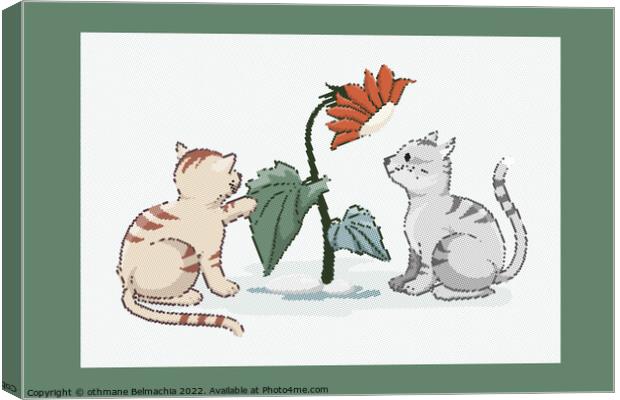 Cute domestic kittens are playing with a flower, Halftones effects cartoon Canvas Print by othmane Belmachia