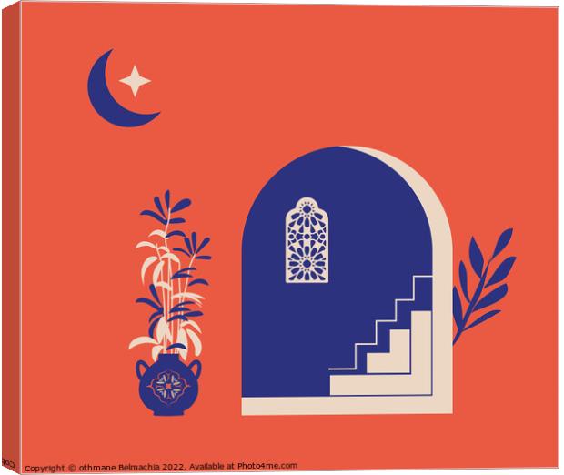Creative minimalist abstracts. House or mosque facade with stairs, hallway and portal with arch, indoor plants, Arabesque window. Canvas Print by othmane Belmachia