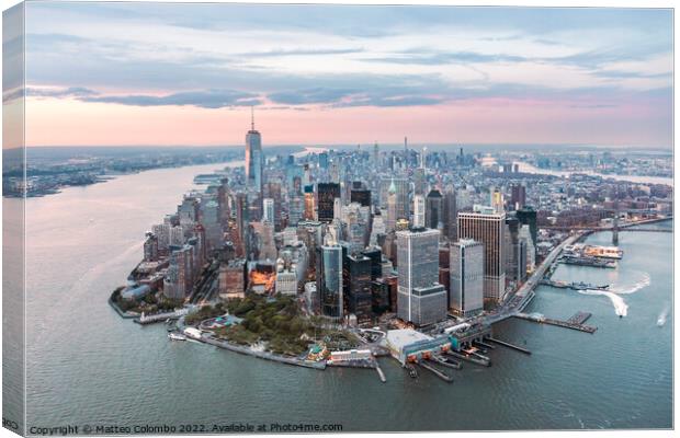Aerial of lower Manhattan peninsula at sunset, New York, USA Canvas Print by Matteo Colombo