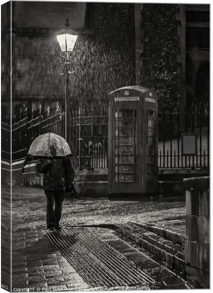 Rain downpour at Norwich market with umbrella man Canvas Print by Paul Stearman