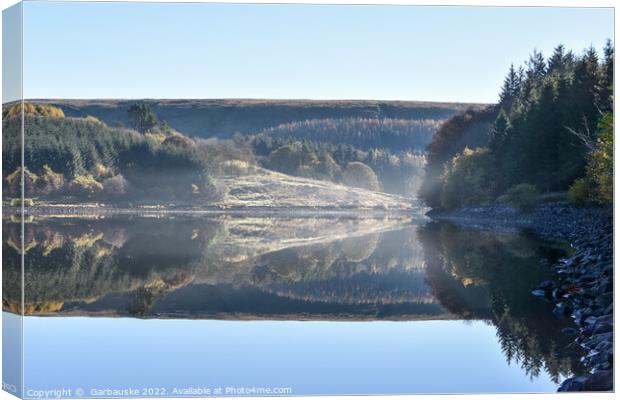 Reflections and haze in Pontsticill Reservoir  Canvas Print by  Garbauske