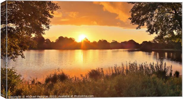 Beautiful and romantic sunset at a lake in yellow and orange col Canvas Print by Michael Piepgras
