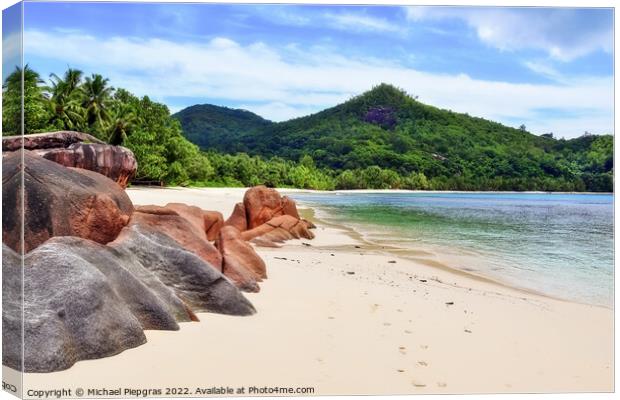 Sunny day beach view on the paradise islands Seychelles Canvas Print by Michael Piepgras