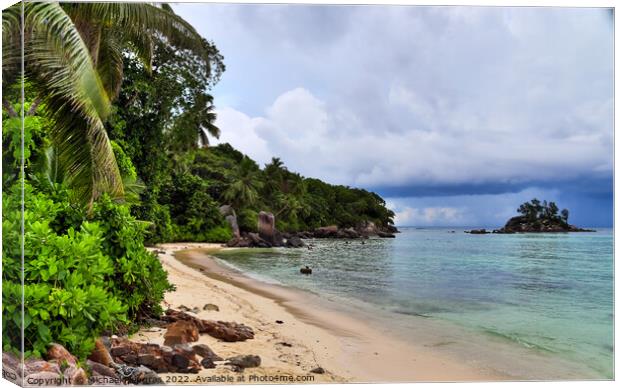 Sunny day beach view on the paradise islands Seychelles Canvas Print by Michael Piepgras