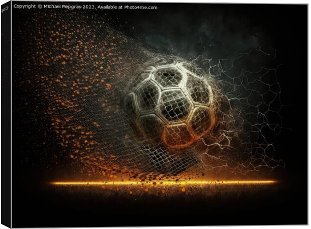 A football made of fire flies towards a football goal created wi Canvas Print by Michael Piepgras