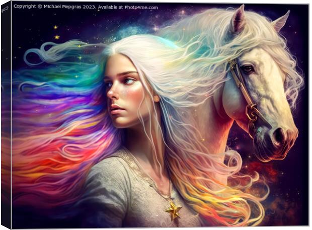 A young beautiful woman with long white hair next to a white hor Canvas Print by Michael Piepgras