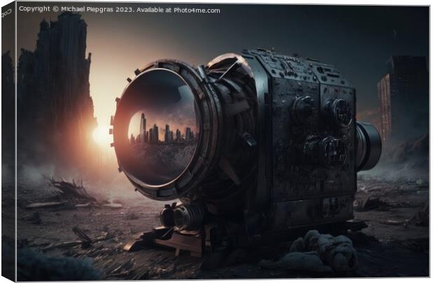 Reflection of an apocalyptic city on the lens of a camera create Canvas Print by Michael Piepgras