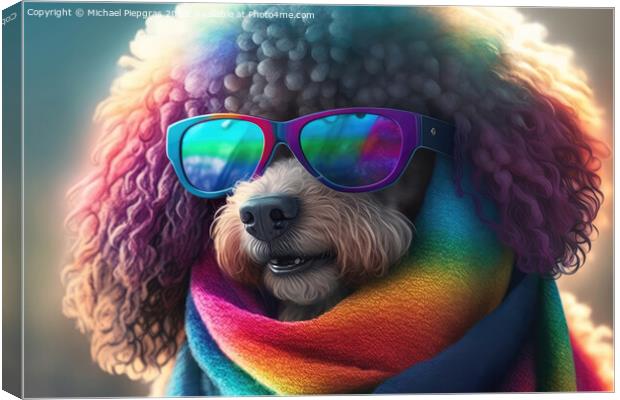 A cute poodle with a scarf in rule sheet colours and sunglasses  Canvas Print by Michael Piepgras