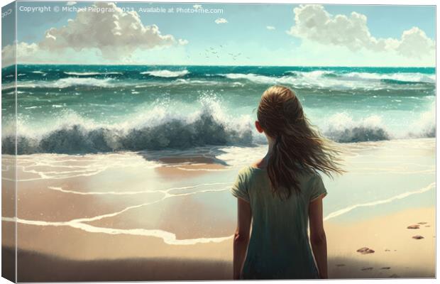 A young woman looks alone at the waves on a beach created with g Canvas Print by Michael Piepgras
