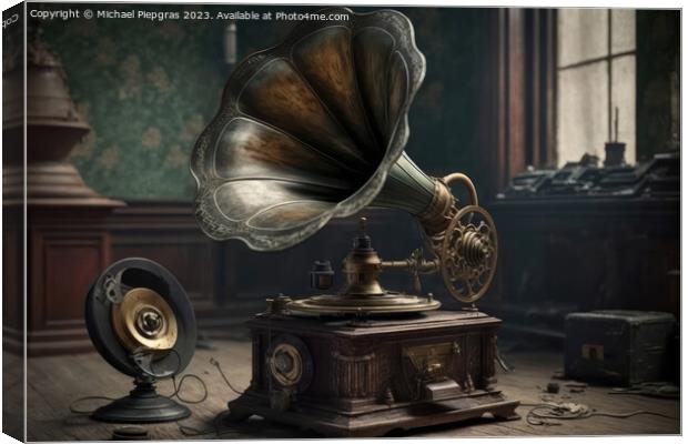 An old vintage gramophone in steampunk style stands in an almost Canvas Print by Michael Piepgras