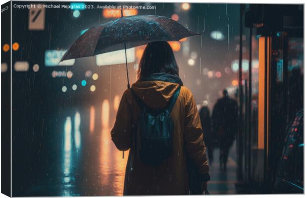 A young woman with an umbrella walks in a modern city at night a Canvas Print by Michael Piepgras