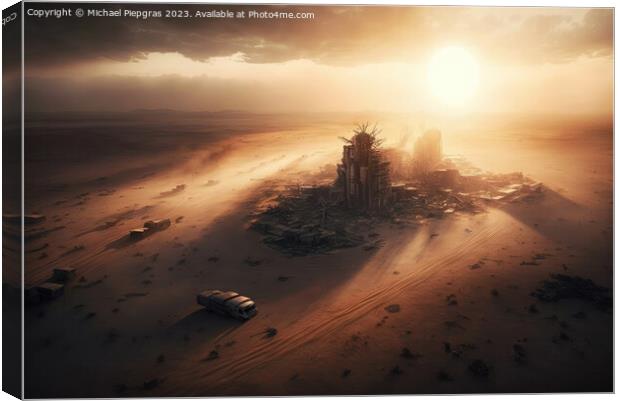 Metropolis after the apocalypse from a birds eye view sunset cre Canvas Print by Michael Piepgras