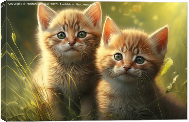 Two very cute kittens playing in the green grass in the sunshine Canvas Print by Michael Piepgras