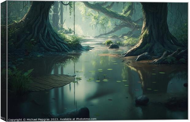 A dark forest with floating water created with generative AI tec Canvas Print by Michael Piepgras