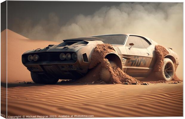 A fast muscle car churns up sand in a desert created with genera Canvas Print by Michael Piepgras