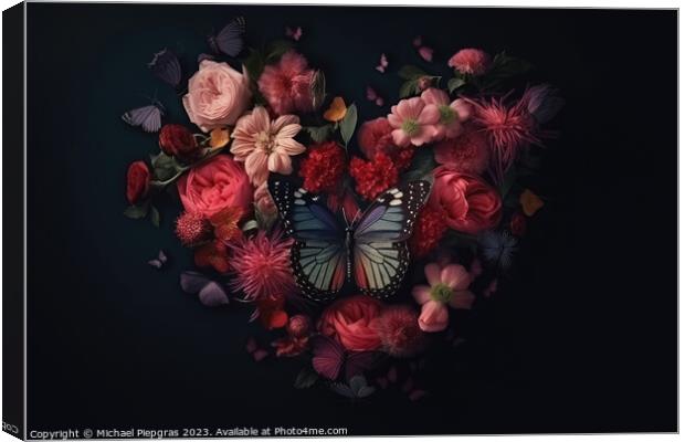 A Valentines Day Heart of Flowers and Butterflies on a Dark Back Canvas Print by Michael Piepgras